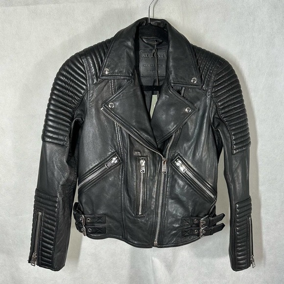 All Saints Estella Biker Moto Lamb Leather Crop Jacket Size 2 Black - Picture 6 of 13